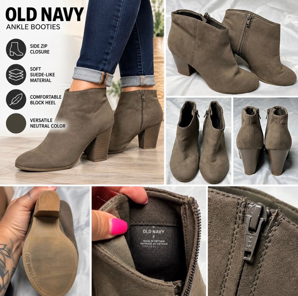 Old Navy Women’s Size 8 Taupe Faux Suede Ankle Booties Zip Block Heel Boots